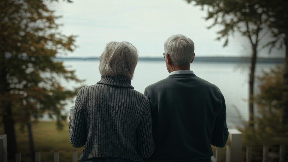 A retired couple on the porch of their lakeside Michigan home — asset depletion loans qualify you on your assets instead of a paycheck