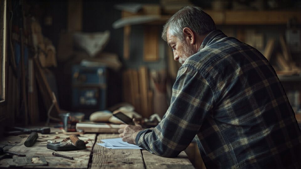 A self-employed carpenter reviewing paperwork in his Michigan woodworking shop — bank statement loans qualify business owners on deposits, not tax returns