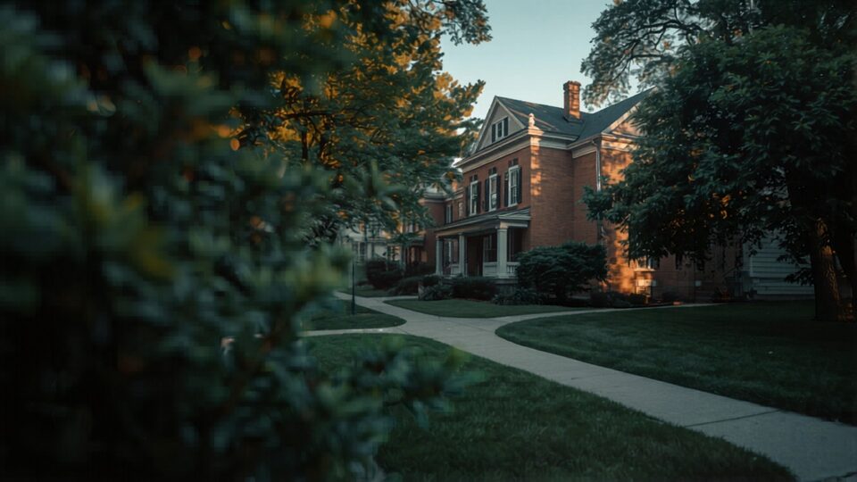 A brick rental duplex on a tree-lined Michigan street at golden hour — DSCR loans qualify on the property's rental income, not your tax returns